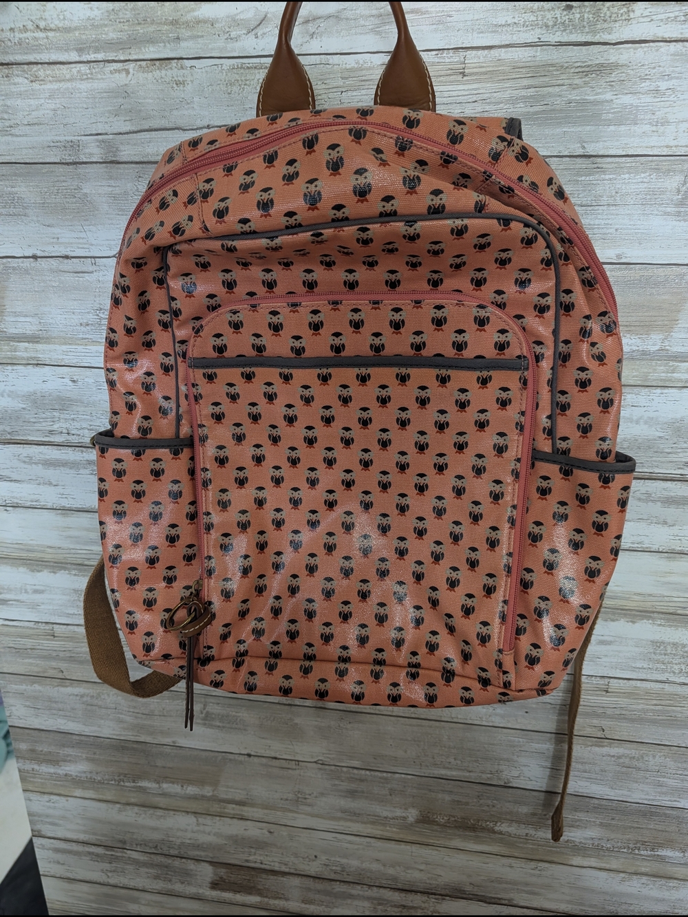 Fossil Pink Patterned Backpack with Brown Trim